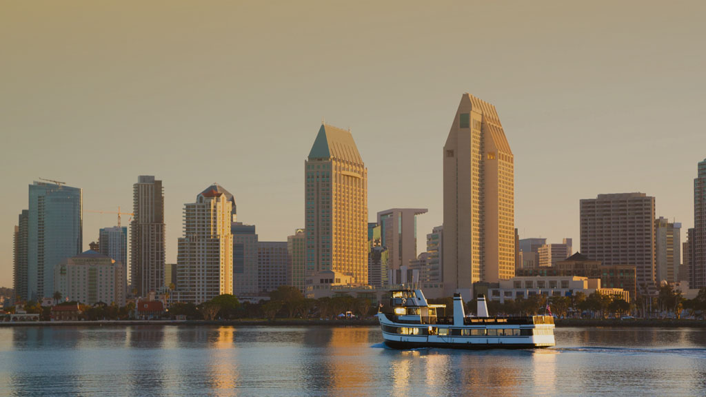 Vibrant sunset colors reflecting on San Diego Bay